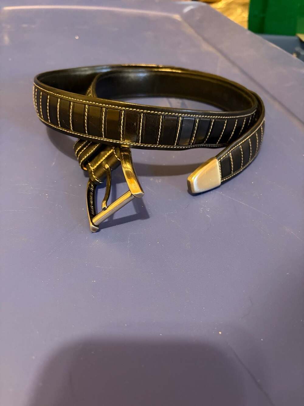 Mezlan Men's Textured Ribbed Dress Belt Size 38 Black Leather Spain Italy 6113 M